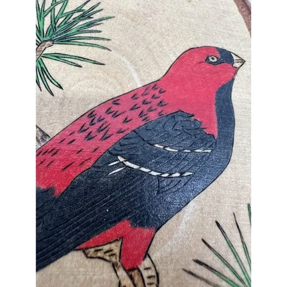 Red Bird Wall Hanging Picture Handmade Signed Live Edge Wood Oval Pine Grosbeak - Picture 3 of 9